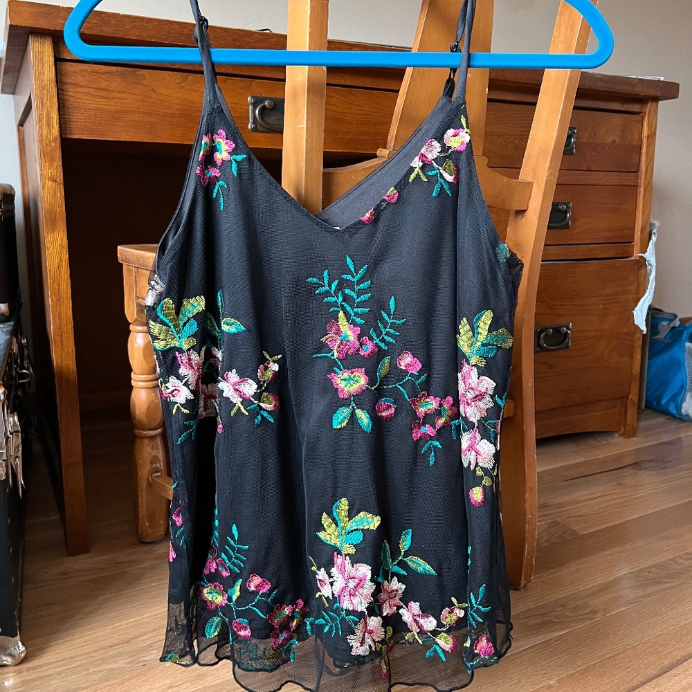 Black Embroidered Floral Tank Top